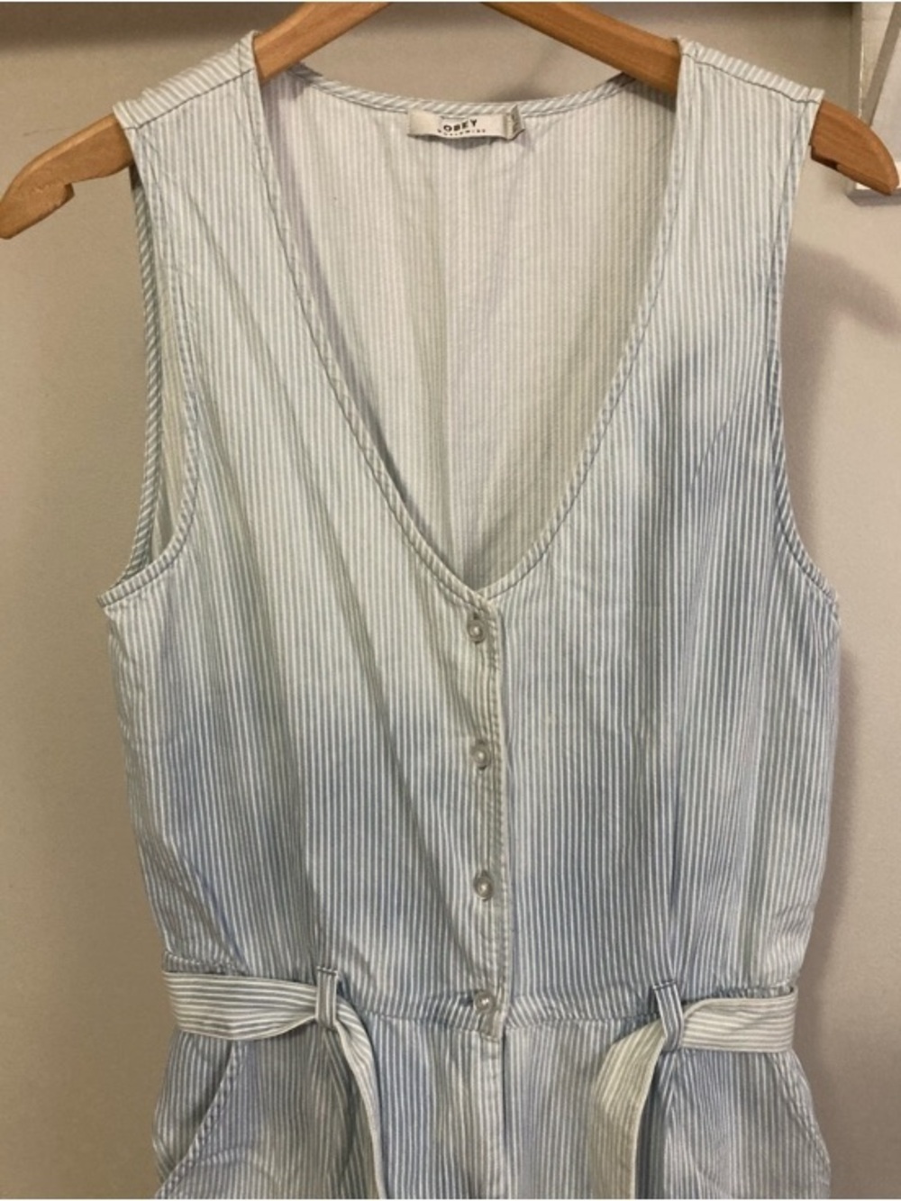 Obey Ombre Light Blue Pinstripe Sleeveless Belted Jumpsuit, size medium - Picture 6 of 9
